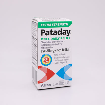 Extra Strength Pataday Once Daily Relief eye allergy relief packaging on a gray background