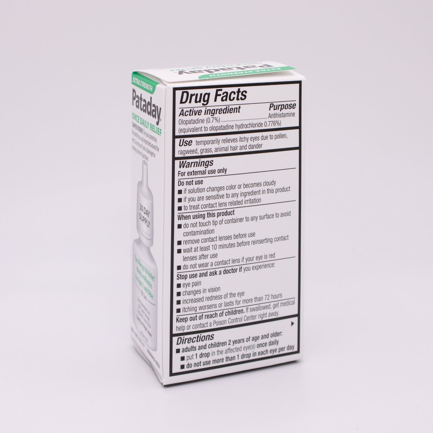 Extra Strength Pataday Once Daily Relief Drug facts label on a white background