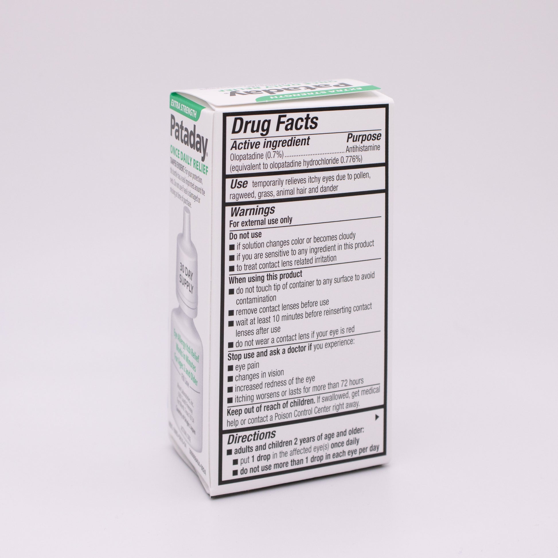 Extra Strength Pataday Once Daily Relief Drug facts label on a white background