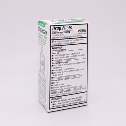 Extra Strength Pataday Once Daily Relief Drug facts label on a white background