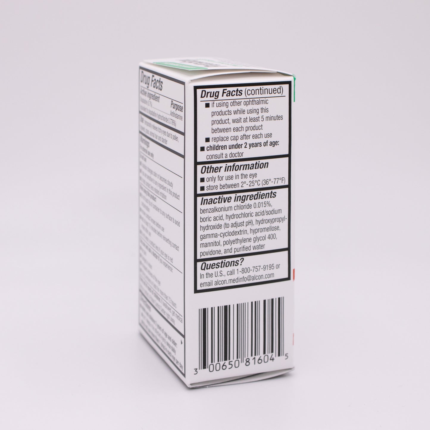 Extra Strength Pataday Once Daily Relief Drug facts label on a white background