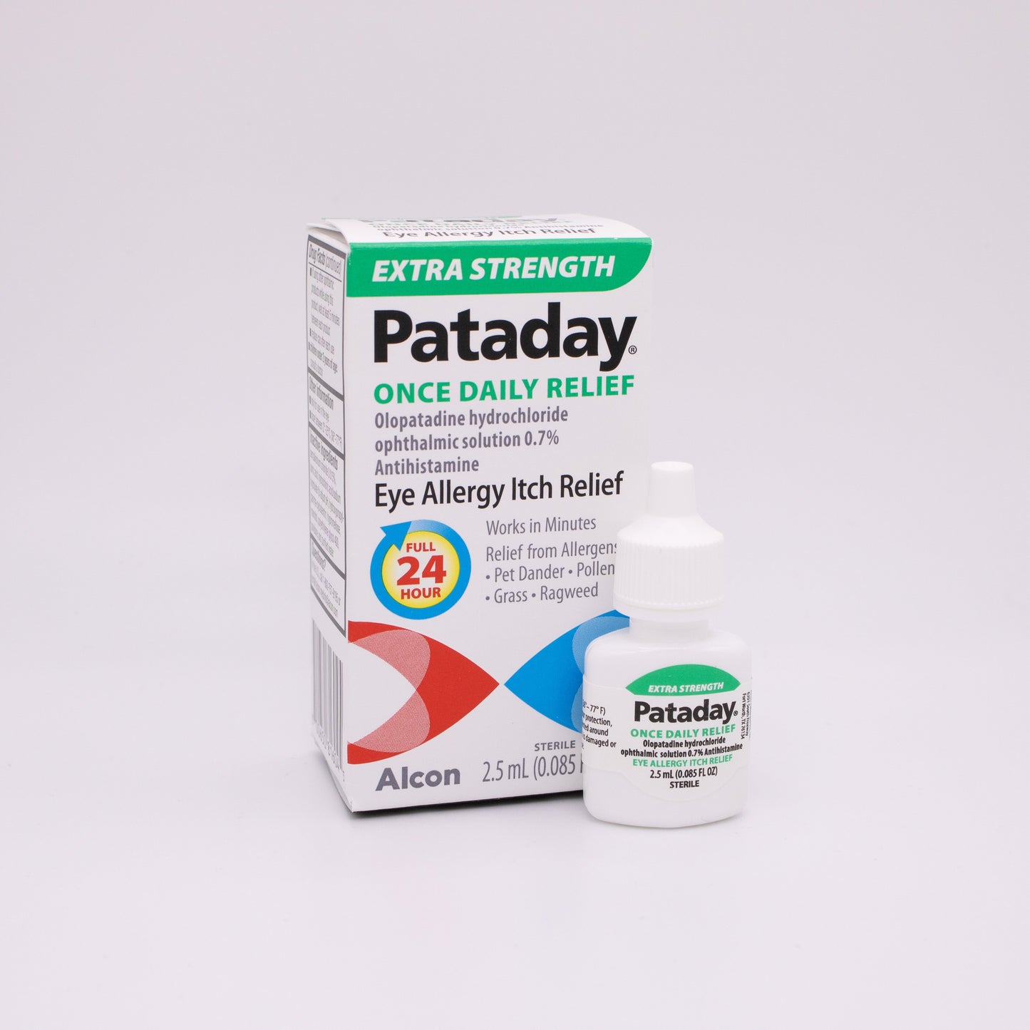 Extra Strength Pataday Once Daily Relief eye allergy relief product packaging with product on a white background