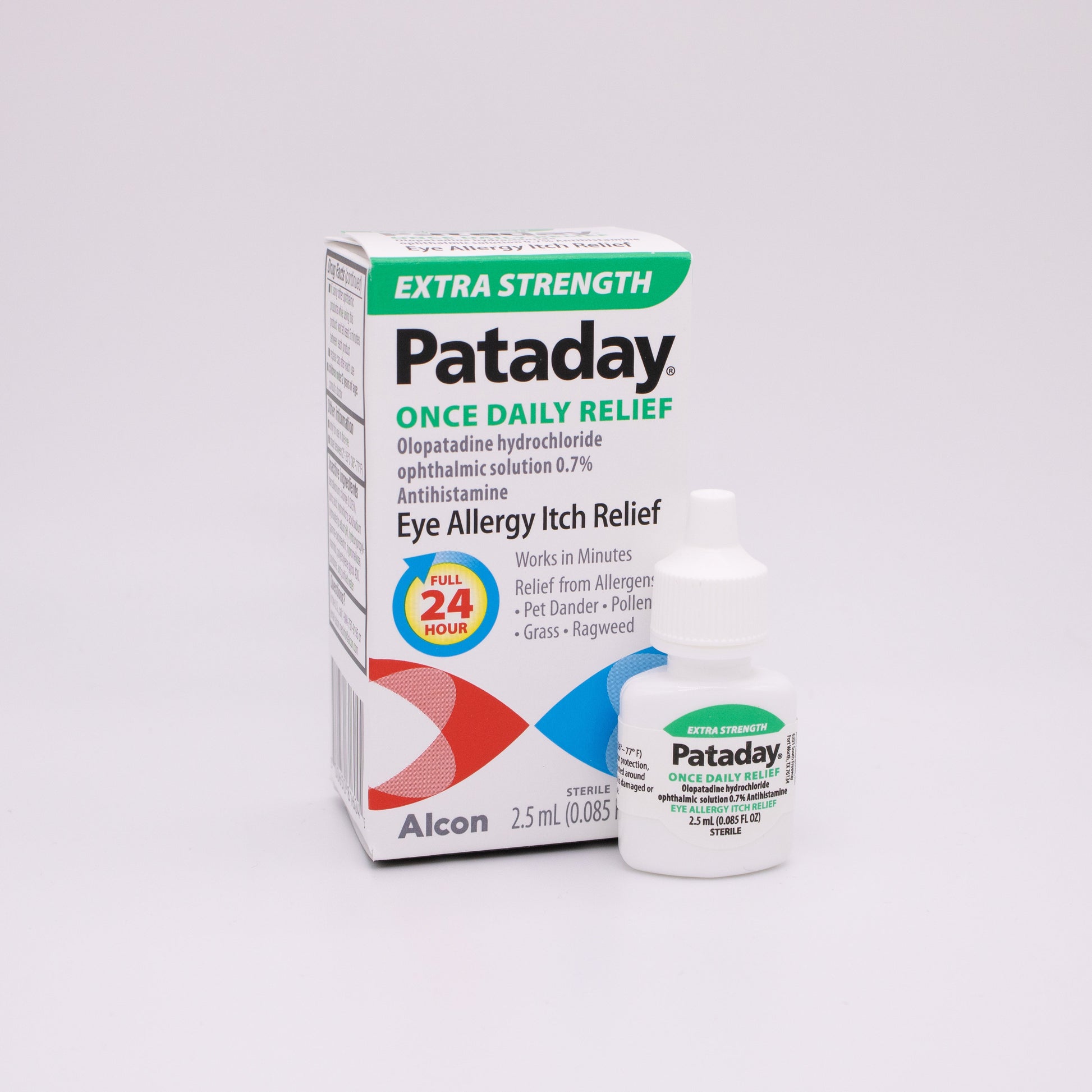 Extra Strength Pataday Once Daily Relief eye allergy relief product packaging with product on a white background