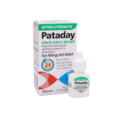 Extra Strength Pataday Once Daily Relief eye allergy relief product packaging with product on a white background