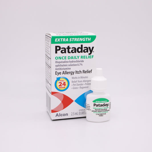 Extra Strength Pataday Once Daily Relief eye allergy relief product packaging with product on a white background