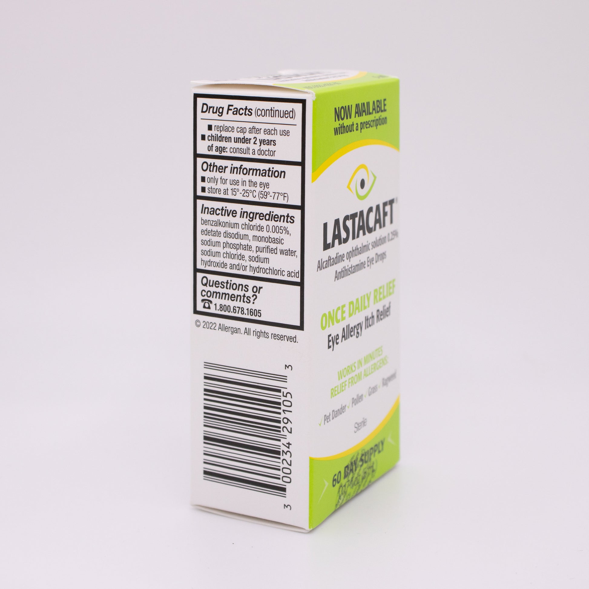 Lastacaft Allery Relief box with drug facts on a white background