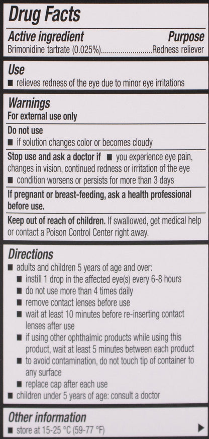 Drug facts label for a redness reliever with active ingredient brimonidine tartrate.