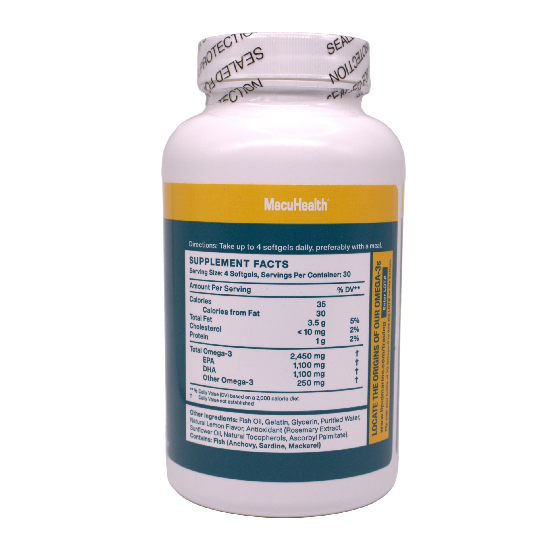 MacuHealth TG Omega 3 fish oils supplement facts label