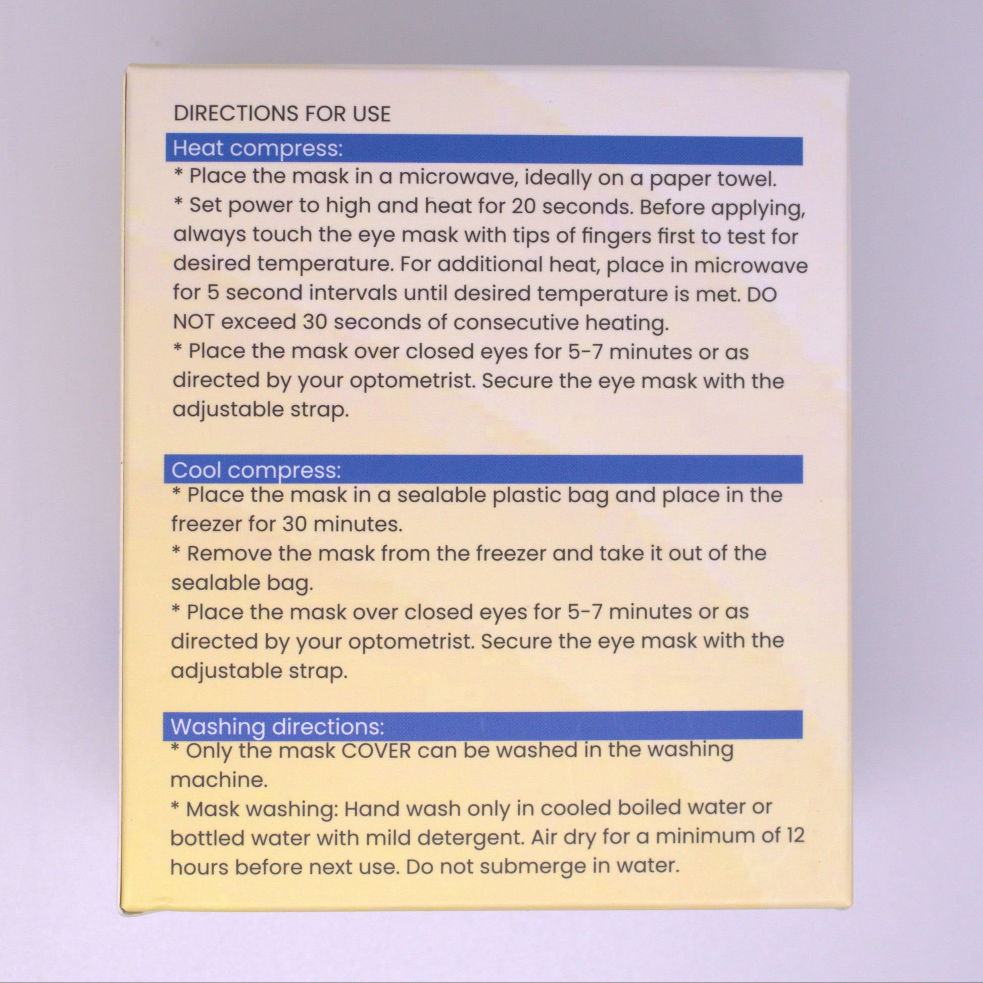 Peeq Pro Silica Bead Heat Mask/Warm Compress directions label