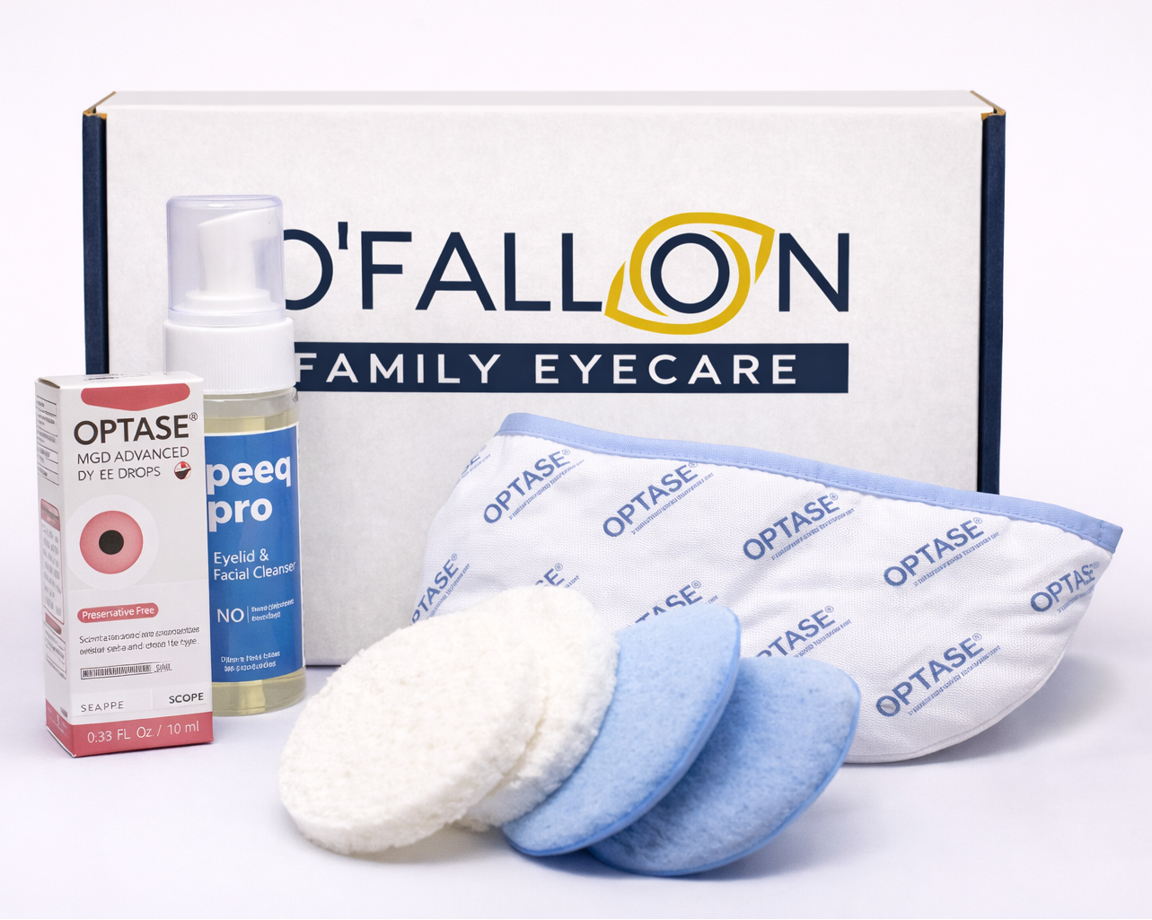 O'Fallon Family Eyecare products including a box, bottle, and eye care pads on a white background.