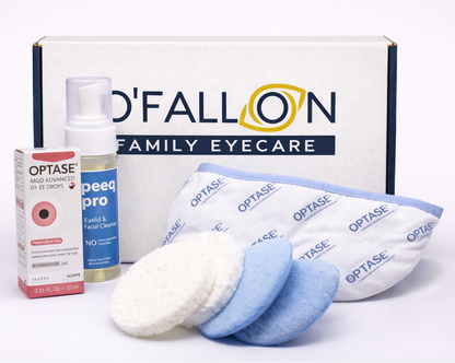 O'Fallon Family Eyecare products including a box, bottle, and eye care pads on a white background.