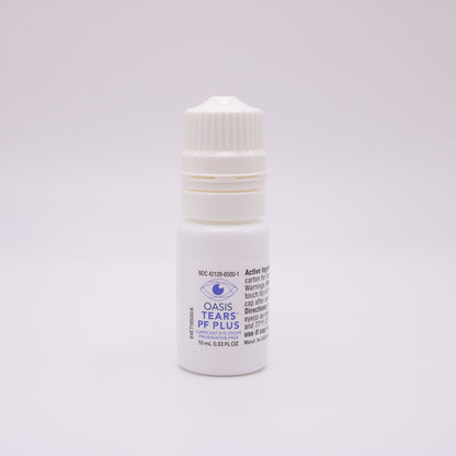 Oasis Tears PF Plus lubricant eye drops bottle with a label on a light gray background