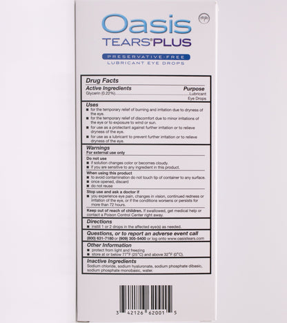 Oasis Tears Plus eye drop drug facts label on a white background