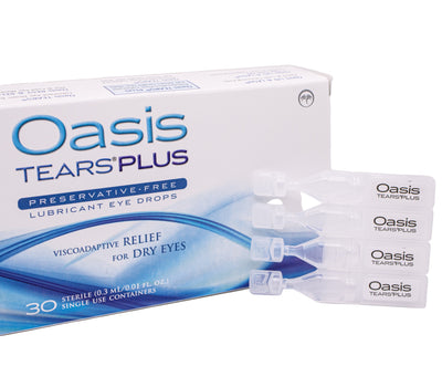 Oasis Tears Plus eye drop packaging on a white background