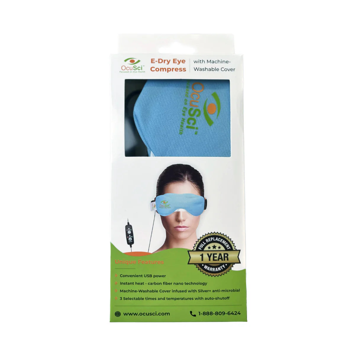 Ocusci E-Dry Eye Compress packaging with a blue compress and woman wearing it.