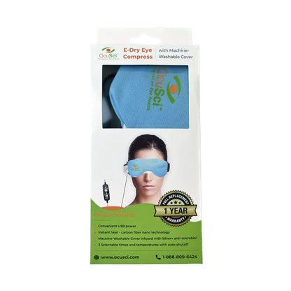 Ocusci E-Dry Eye Compress packaging with a blue compress and woman wearing it.