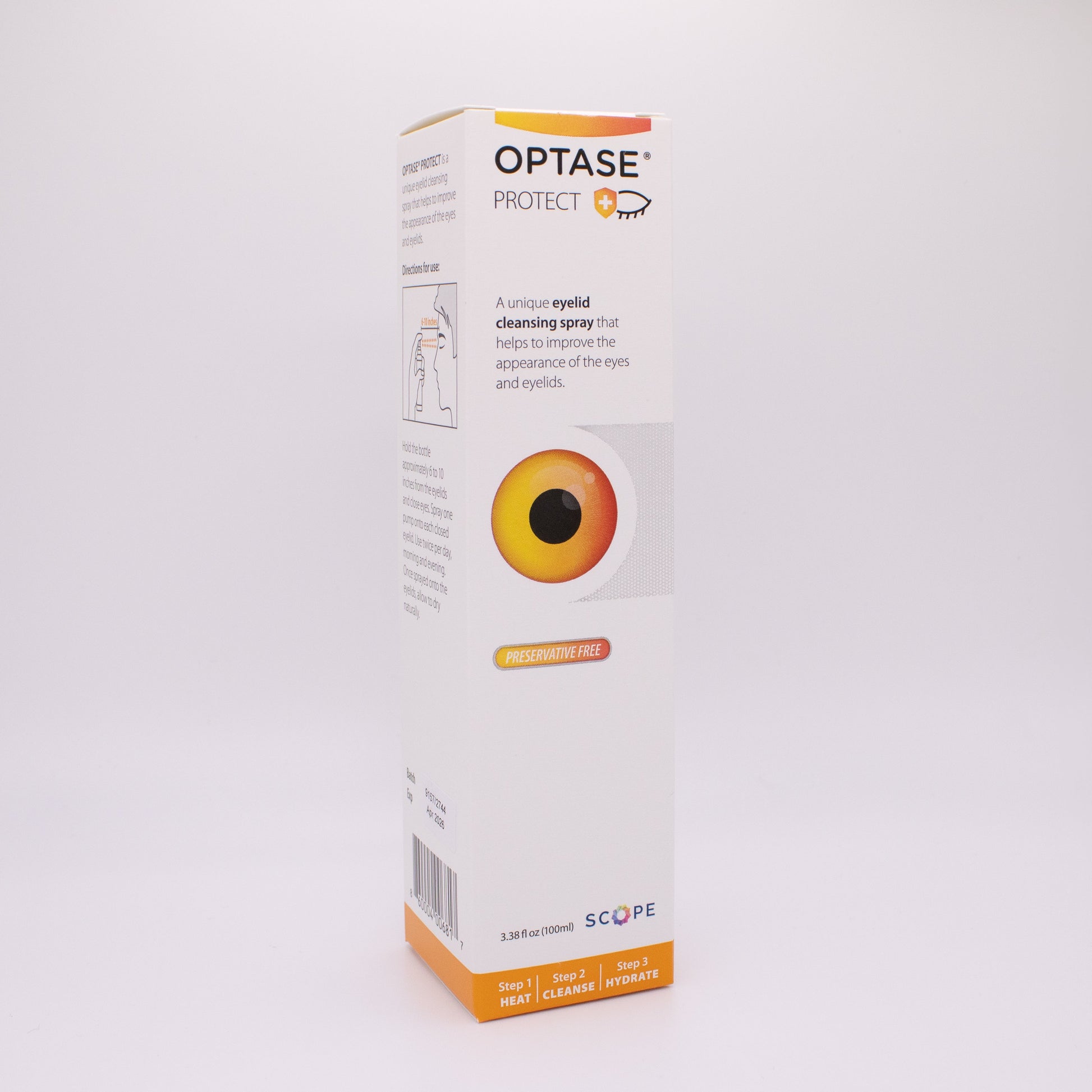 Optase protect eye cleaning spray box on a white background