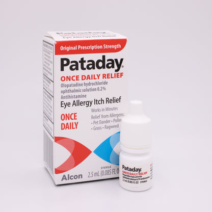Pataday eye allergy relief box with bottle on a white background