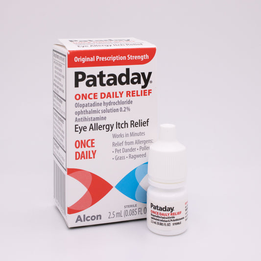 Pataday eye allergy relief box with bottle on a white background