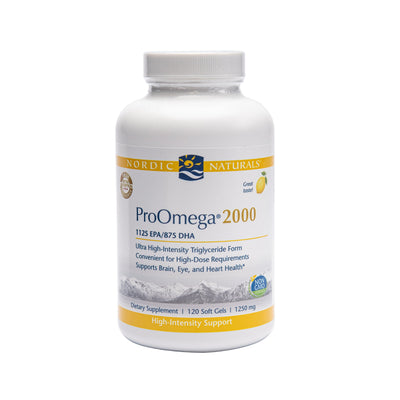 A bottle of Nordic Naturals ProOmega 2000, lemon flavor, with a white label displaying the product name and dietary supplement information.