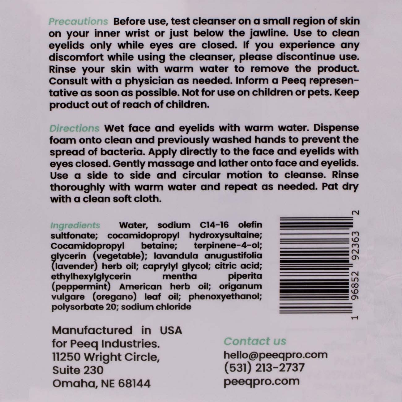 Peeq Foaming Cleanser Label