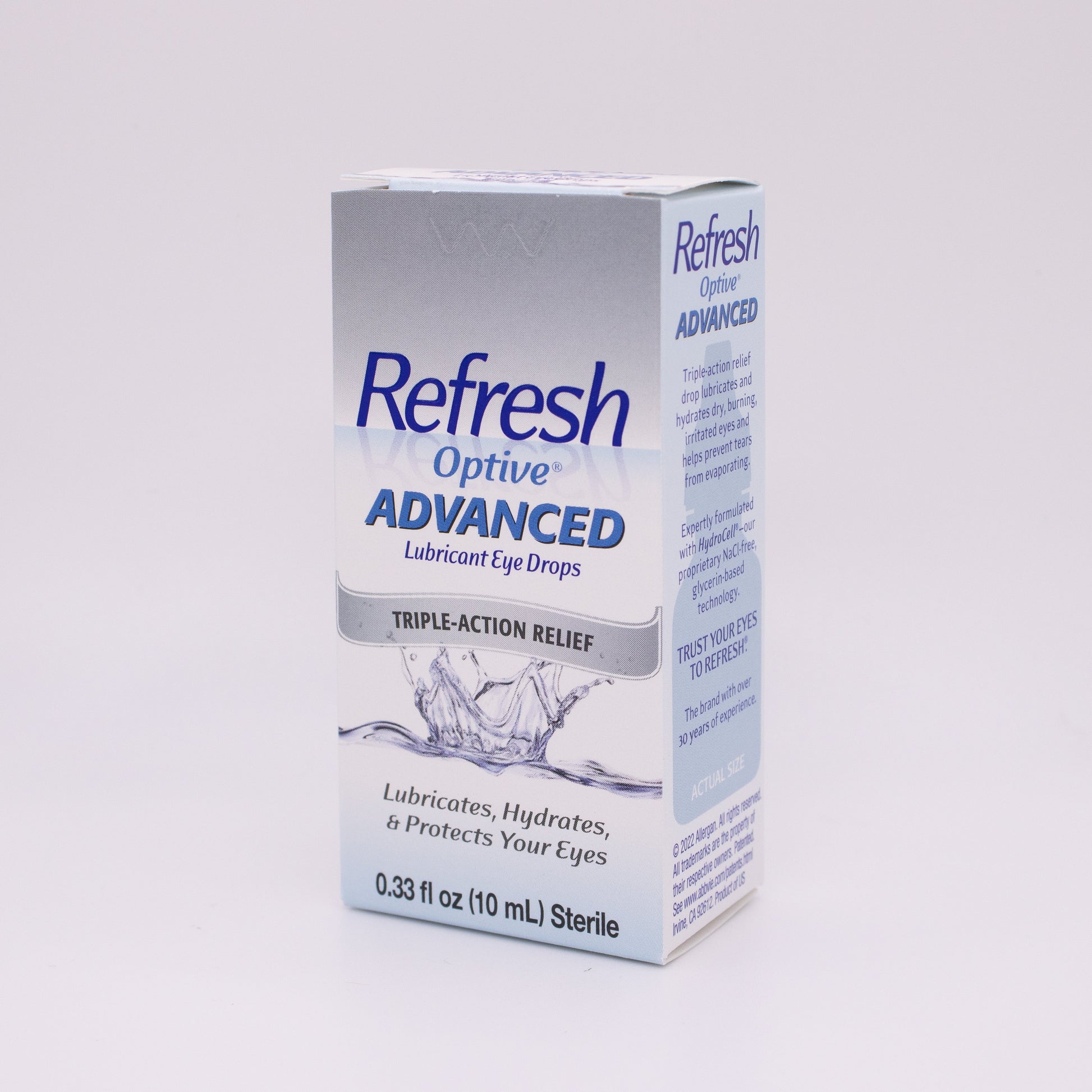 Box of Refresh Optive Advanced Lubricant Eye Drops on a gray background