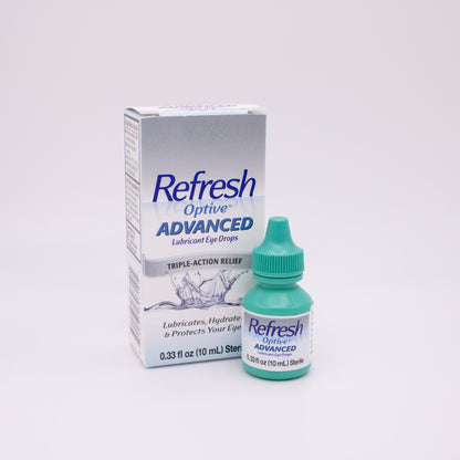 Refresh Optive Advanced eye drop bottle and packaging on a white background