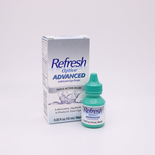 Refresh Optive Advanced eye drop bottle and packaging on a white background