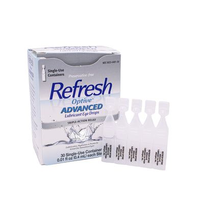 Box of Refresh Optive Advanced Lubricant Eye Drops on a white background