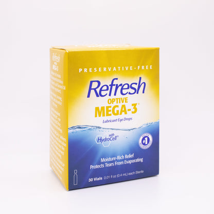 Box of Refresh Optive Mega-3 eye drops on a white background