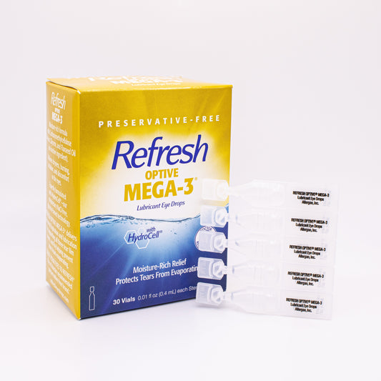 Box of Refresh Optive Mega-3 eye drops on a white background