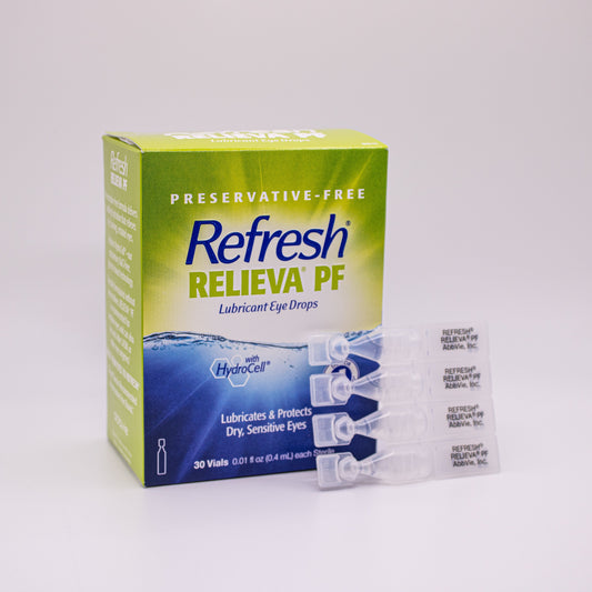 Box of Refresh Relieva PF lubricant eye drops, 3o vials