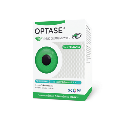 A box of Optase Tea Tree Oil Lid Wipes with a green and white design, featuring a green lid wipe visible through a transparent window.