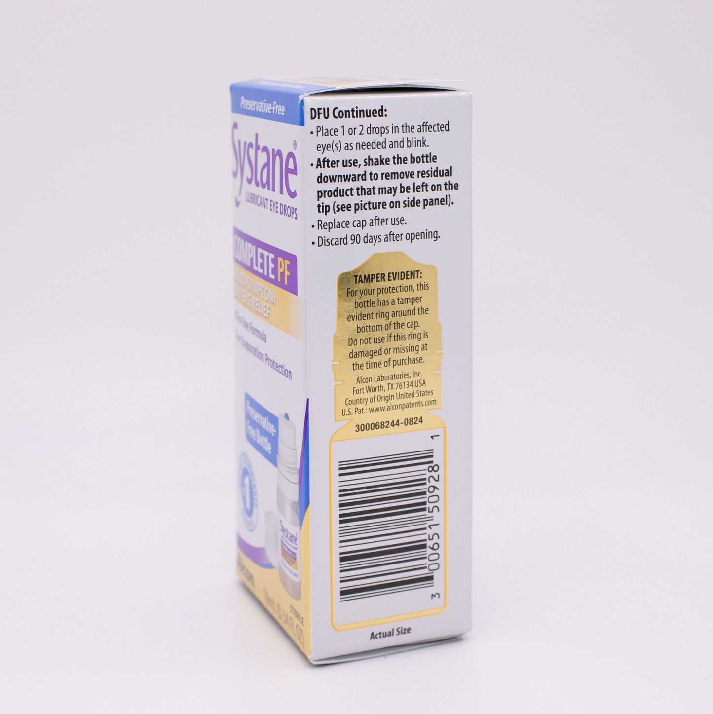 Systane Complete PF box with drug facts label on a white background