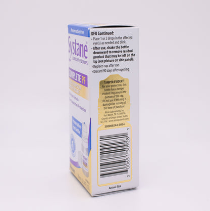 Systane Complete PF box with drug facts label on a white background