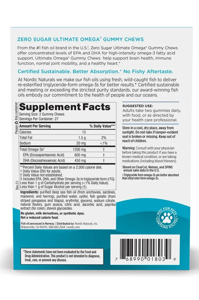 Supplement label for Zero Sugar Ultimate Omega Gummy Chews with text and graphics on a white background.