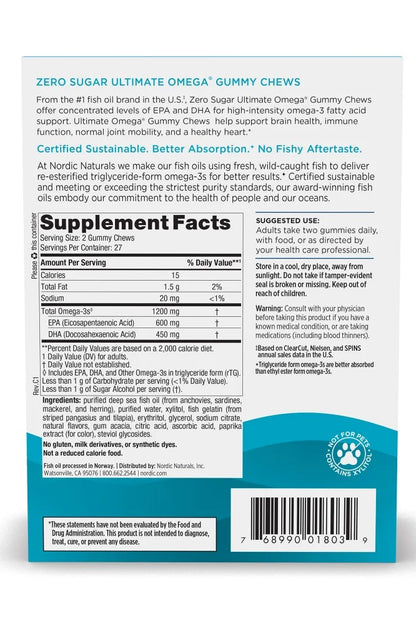 Supplement label for Zero Sugar Ultimate Omega Gummy Chews with text and graphics on a white background.