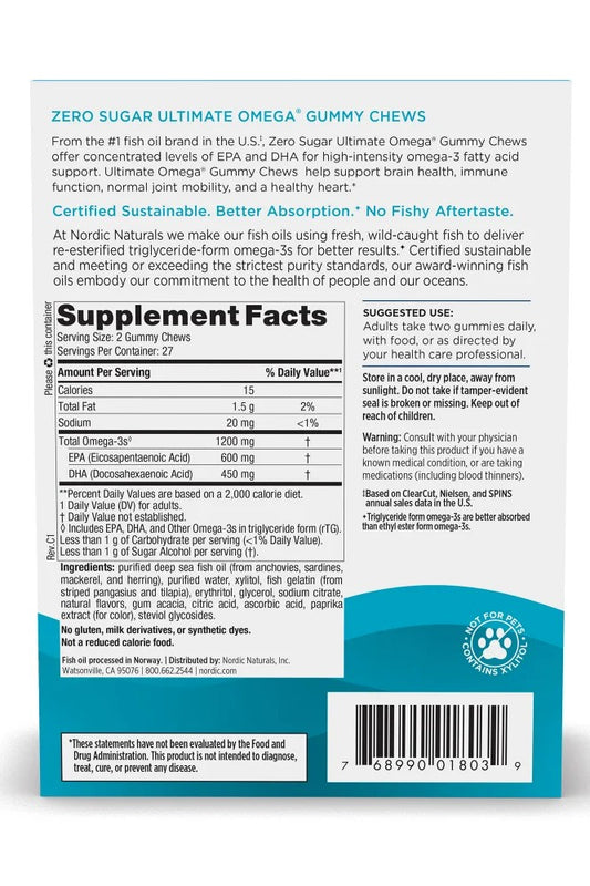 Supplement label for Zero Sugar Ultimate Omega Gummy Chews with text and graphics on a white background.