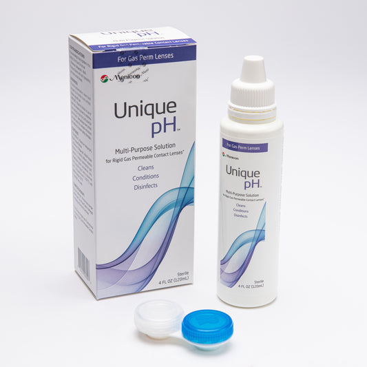 A product image featuring a box and bottle of UniquePH multi-purpose solution for soft contact lenses, alongside a DMV classic plunger and a bottle cap.