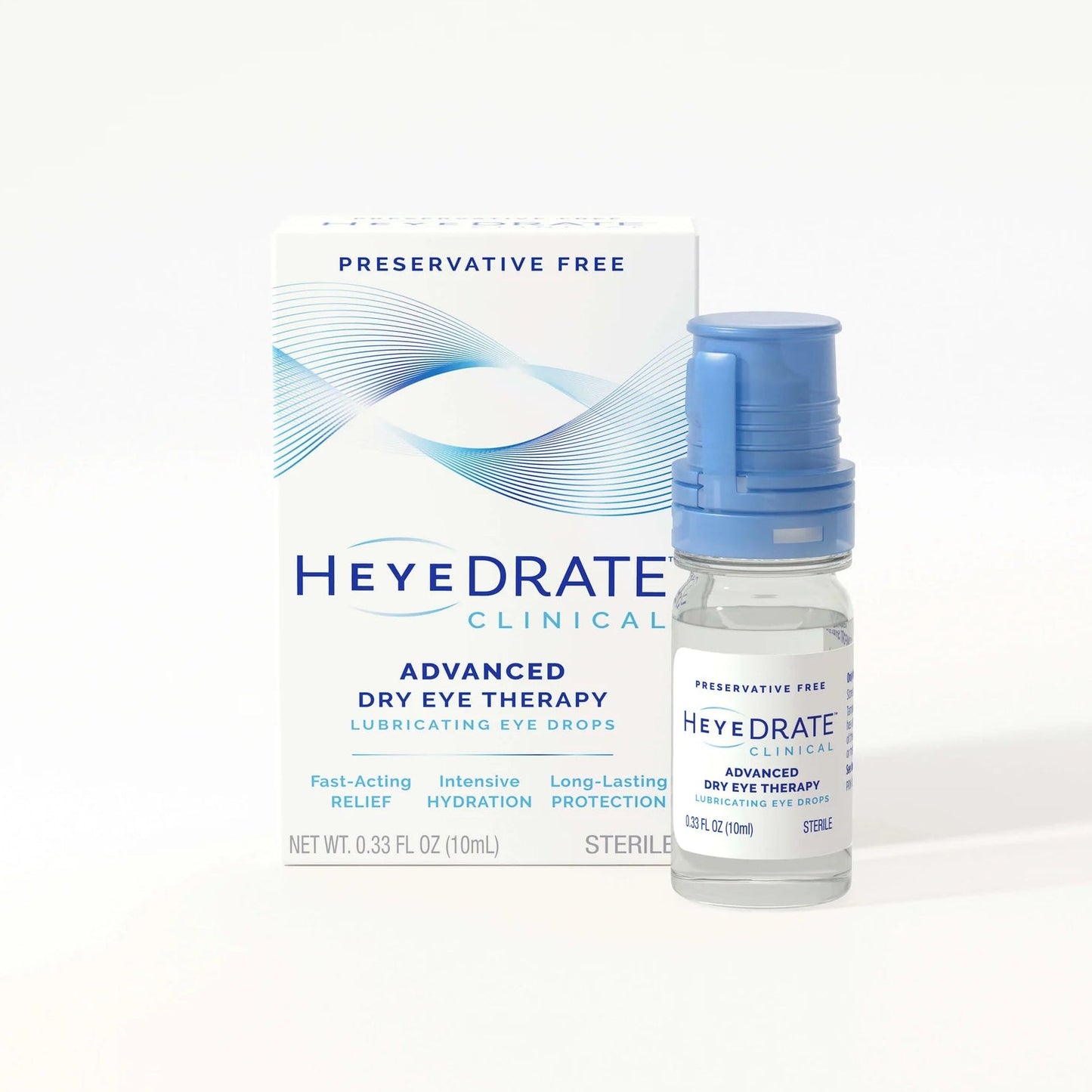 Heyedrate Clinical dry eye therapy packaging and bottle on a white background