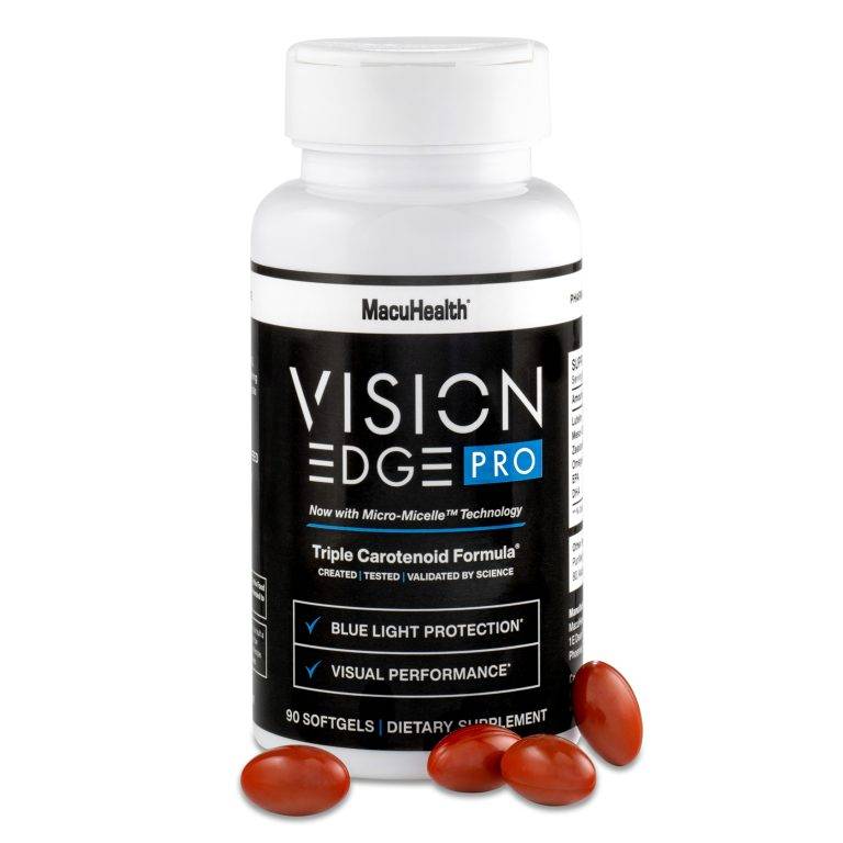 A white bottle of MacuHealth Vision Edge Pro dietary supplement with a black label, shown with several red softgel capsules in front on a white background.