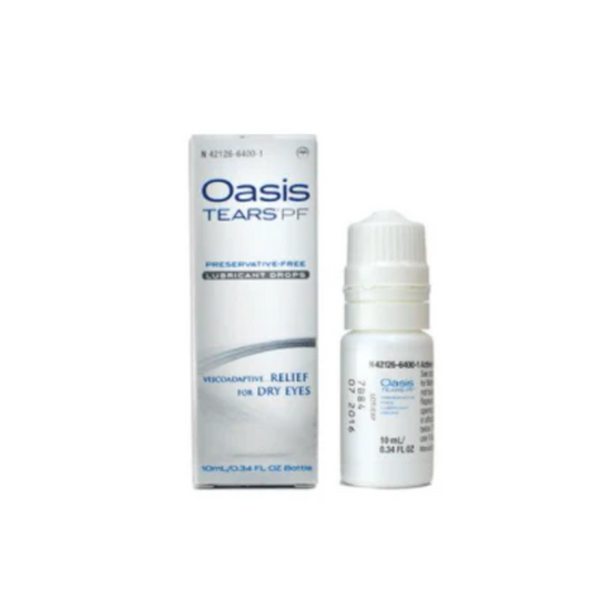 Packaging for Oasis Tears PF, which includes a box and a bottle of preservative-free lubricant eye drops for dry eyes.