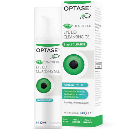 Optase eye lid cleansing gel packaging on a white background