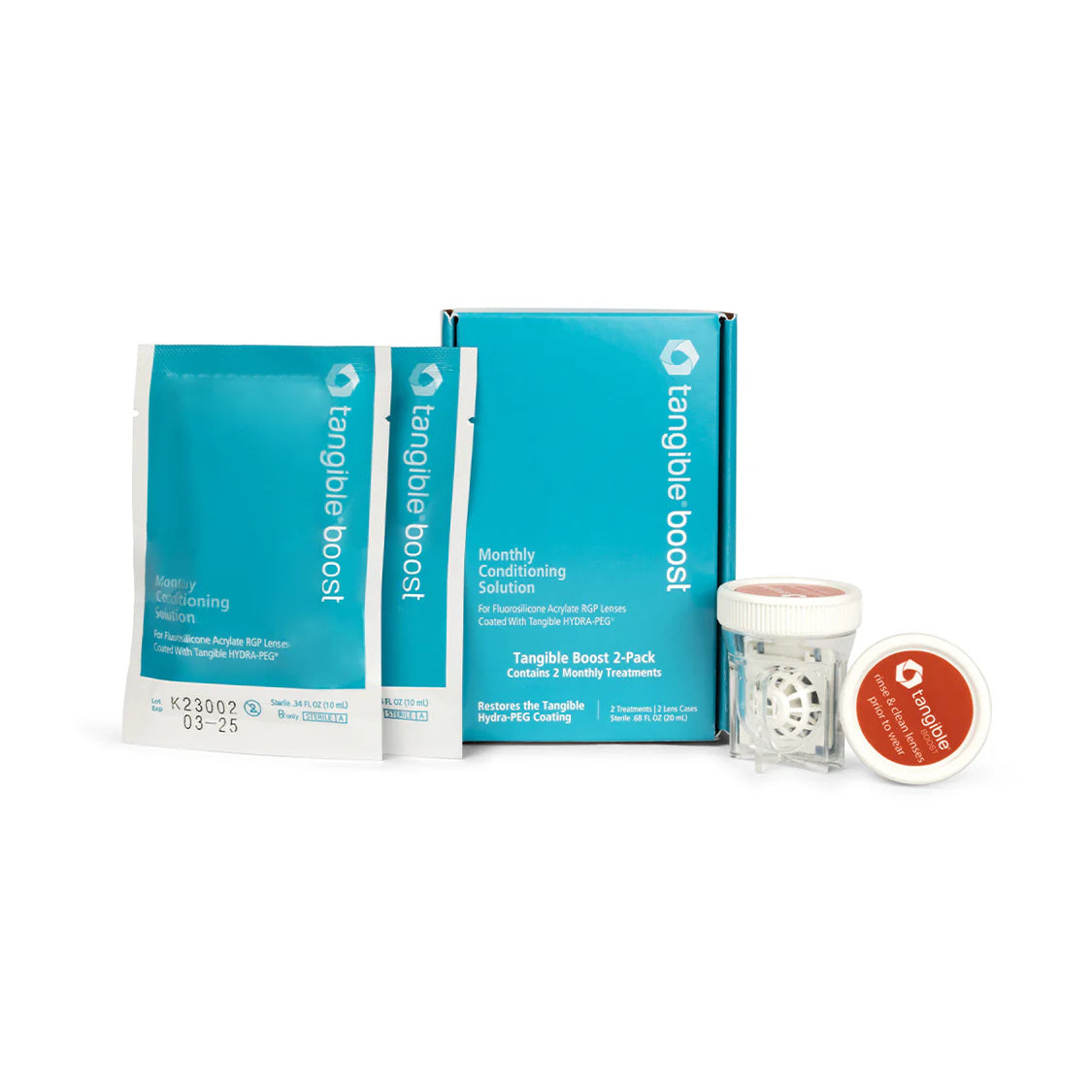 Tangible Boost hair care products including packets, a box, and a container on a white background