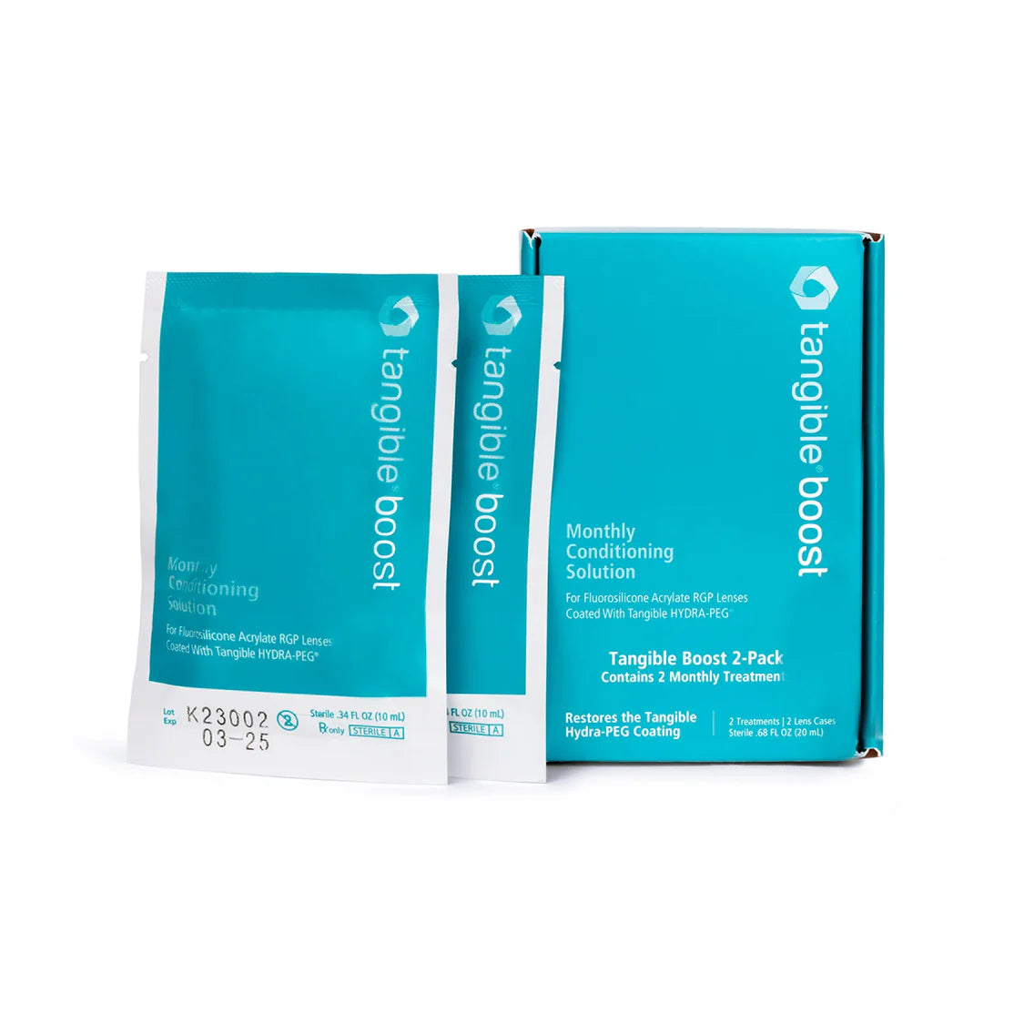 Tangible Boost hair care products including a box and packets on a white background